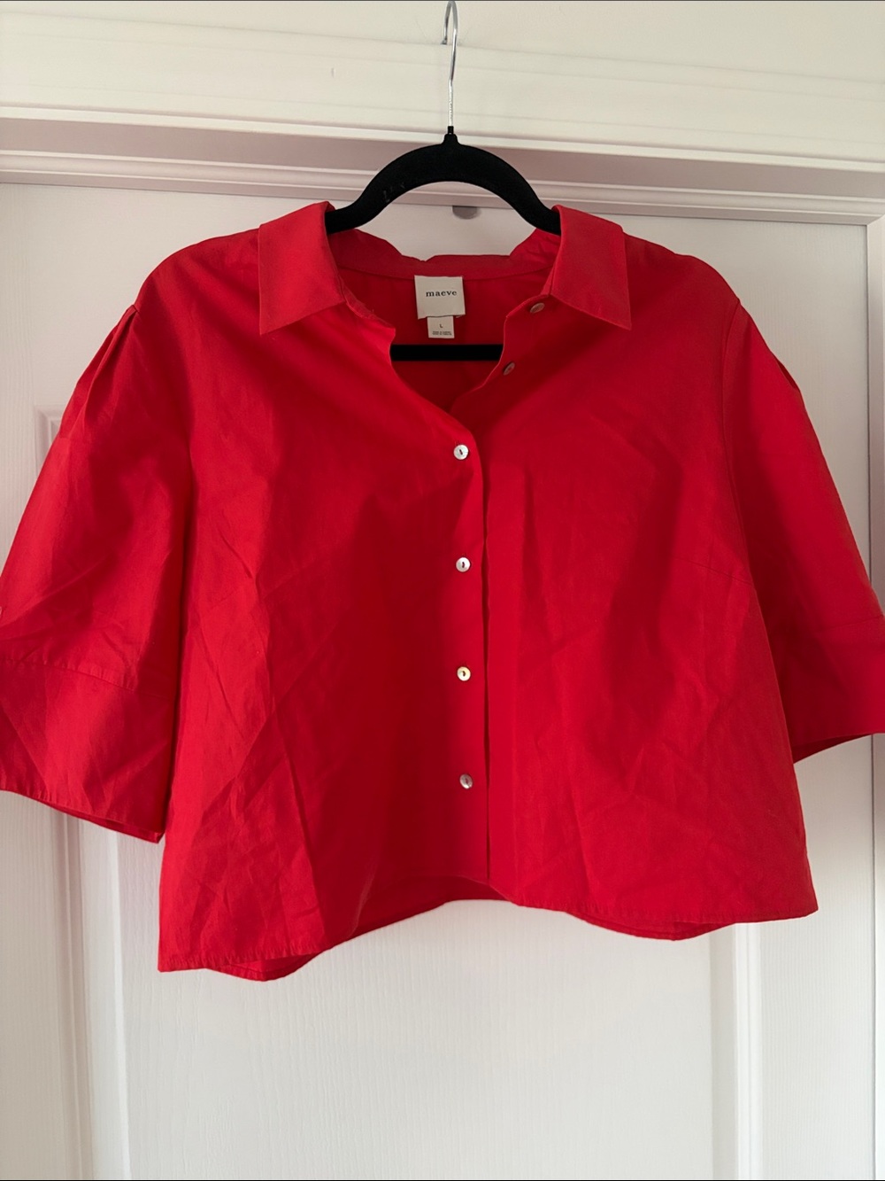 Anthropologie Maeve Structured Lantern Red Button-Down Shirt - Picture 2 of 10